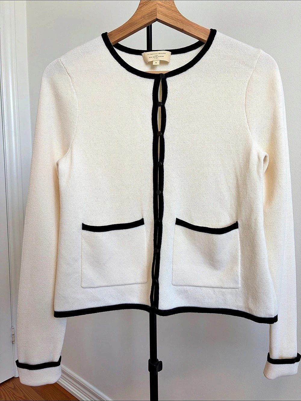 Sezane Brielle 100% Merino Wool Cardigan Ecru/Black Small